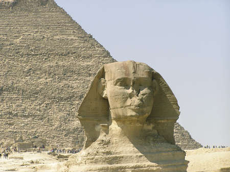 close-up of the Sphinx of Giza (Giseh) and Khephren pyramid in the background ,Egypt, Africa