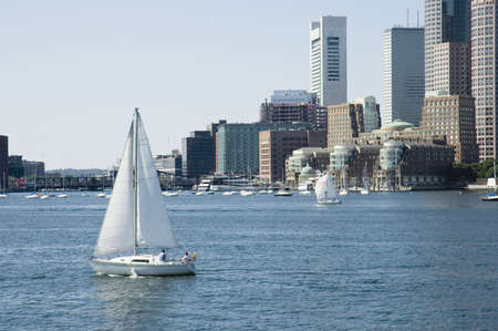 Saili boats on St Charles River and skylines on background, Boston, Massの写真素材