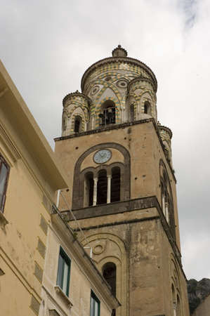 church tower(XII century) of the Amalfi Cathedral with the new dome in background, Sorrentine Peninsula of Italy の写真素材