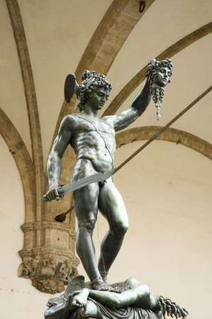 bronze statue of Perseus holding the head of  Medusa,Florence, Italyの写真素材