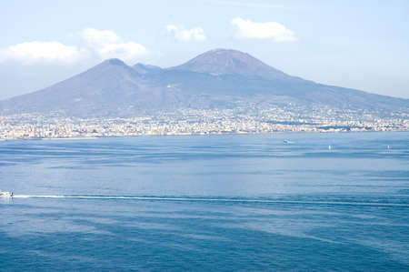 Sailing in the Bay of Naples with Mount Vesuvius behind, Italyの写真素材
