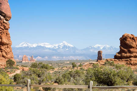 Scenic view of a path in Arches National Park,  Utah, USA.  Focus on first row of rocks gave a three dimension perspective.の写真素材