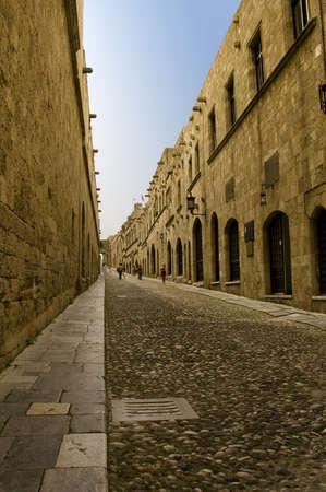 Perspective view of the Avenue of the Knights, a cobblestone street in Rhodes Citadel , Greeceの写真素材
