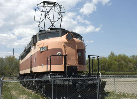 Front view of an antique Milwaukee orange and black train, Usa