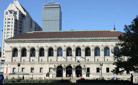 Boston Public Library on Copley Square, one of the most sophisticated areas of the city with Prudential tower in the backの写真素材