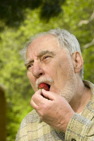 close-up portrait of senior man tasting a fresh strawberryの写真素材