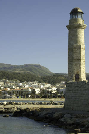 close view of lighthouse and harbor of Chania  in Crete Island, Greeceの写真素材