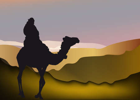 silhouette of a man on a camel in Sahara desertの写真素材