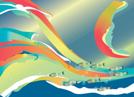 waves, fishes and bubbles over a beautiful skyのイラスト素材
