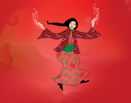 Asian girl dancing, graphic design, mesh backgroundのイラスト素材