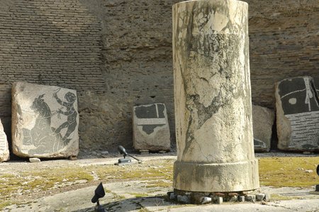 Rome, Italy - April 1th, 2006 :  Mosaic details on columns and fresco in Baths of Caracalla with old brick wall in background, Rome, Italy  -  Unesco World Heritage siteのeditorial素材