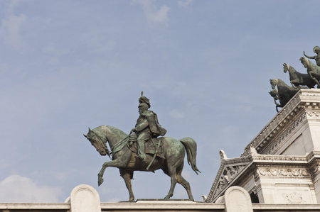 Rome, Italy - March 28, 2006 : bronze statue of Victor Emmanuel over the war memorial monument in...