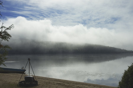 Quebec, Canada - September 4th, 2006 :  Evening misty view of a  lake in Quebec country after the rain, Canadaのeditorial素材