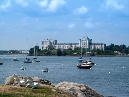 scenic view of Casco Bay with sailboats and Fort Gorges building in the background, Portland, Maineのeditorial素材