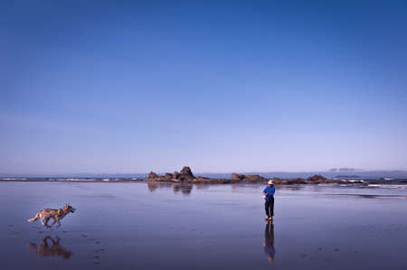 scenic view of Ruby Beach with  running husky dog and woman, National Park,Washington State, USAのeditorial素材