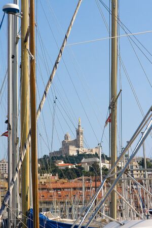 The Old Port of Marseille, view on the cathedralの写真素材