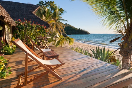 Terrace at sunset on a tropical beachの写真素材