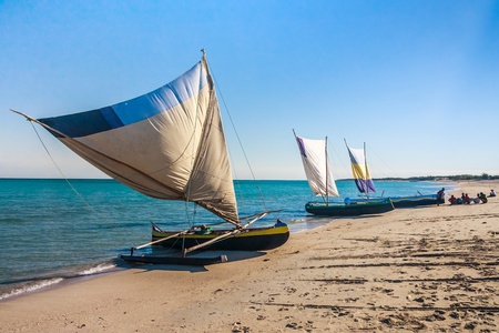 Fishing dugouts to Anakao, southern Madagascarの写真素材