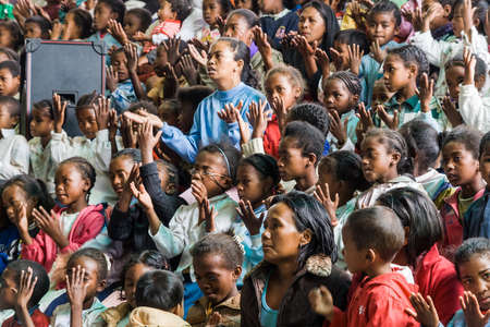 People during the mass of Father Pedro Opeka in the village of Akamasoa, Antananarivo, Madagascar on oct 07, 2007. Father Pedro is nominated for Nobel Peace Prize 2013.のeditorial素材