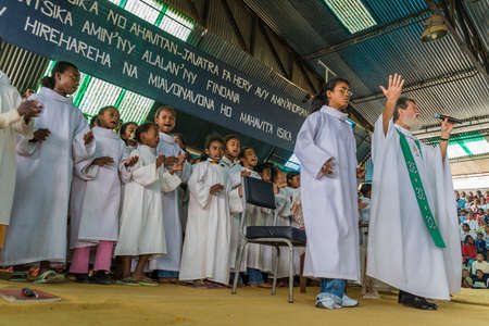 Father Pedro Opeka during his mass in his village of Akamasoa, Antananarivo, Madagascar on oct 07, 2007. Father Pedro is nominated for Nobel Peace Prize 2013.のeditorial素材