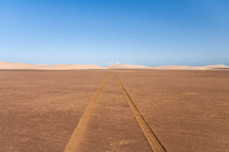 Tire tracks through the desert sand dunes in southern Madagascarの写真素材
