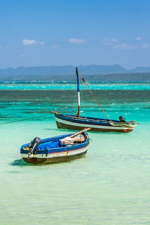 Traditional fishing boats in the Emeral sea of Antsiranana bay (Diego Suarez), north of Madagascar.の写真素材