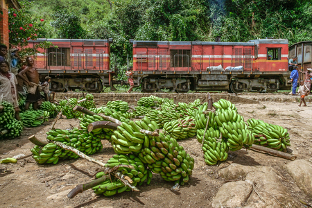 Fianarantsoa, Madagascar, March 7, 2013: Loading bananas in the train Fianarantsoa - East Coast (FCE), Madagascarのeditorial素材