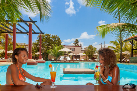 Two beautiful young Malagasy women drinking cocktails in the swimming pool barの写真素材