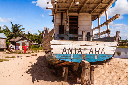 Antalaha, Madagascar, August 19, 2017: A trawler in bad condition under repair at the shipyard of Antalaha, Eastern Madagascarのeditorial素材