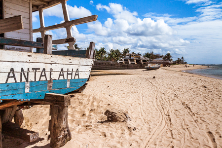 Antalaha, Madagascar, August 19, 2017: A trawler in bad condition under repair at the shipyard of Antalaha, Eastern Madagascarのeditorial素材