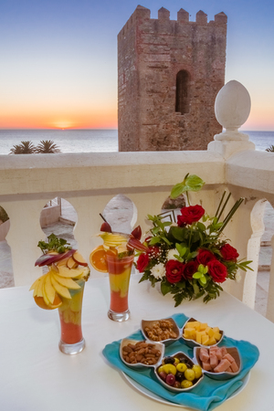 Aperitif in terrace in the medina of Tangier, Moroccoの写真素材