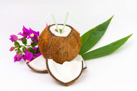 Isolated coconut cocktail  on a white background with palm leaves, straws and bougainvillea flowersの写真素材