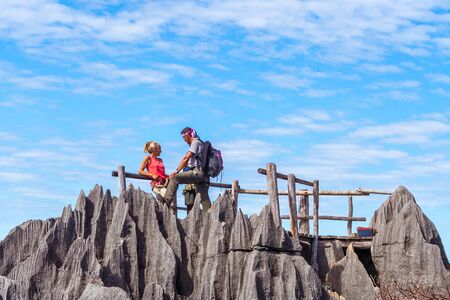 Tsingy de Bemaraha National Park, Madagascar, July 02, 2017: Tourists hikers on the belvedere at the top of Tsingy de Bemarahaのeditorial素材
