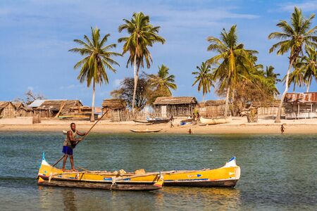 Malagasy villager of Vezo ethnicity rowing in his outrigger canoes in Belo sur Mer, western Madagascar on October, 28, 2016のeditorial素材