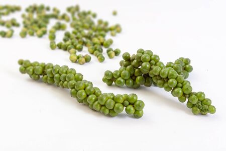 Bunches of fresh green peppercorns isolated on white backgroundの写真素材