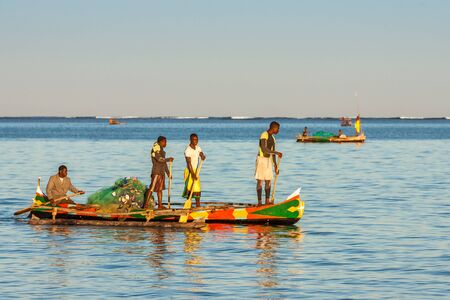 Tsifota, Madagascar, June 08, 2017: Fishing scene of Malagasy fishermen of the Vezo ethnic group in the Ambatomilo lagoon in southwestern Madagascarのeditorial素材