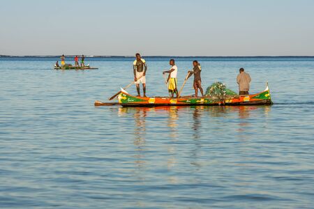 Tsifota, Madagascar, June 08, 2017: Fishing scene of Malagasy fishermen of the Vezo ethnic group in the Ambatomilo lagoon in southwestern Madagascarのeditorial素材