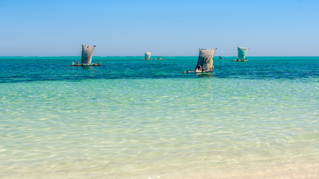 Tsifota, Madagascar, June 09, 2017:  Fishermen and their traditional outrigger canoes in the lagoon of south-western Madagascarのeditorial素材