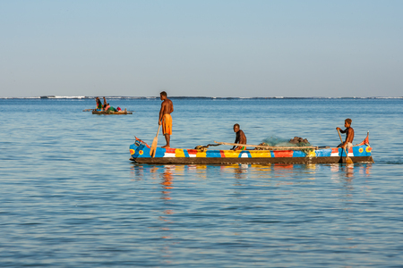 Tsifota, Madagascar, June 08, 2017: Fishing scene of Malagasy fishermen of the Vezo ethnic group in the Ambatomilo lagoon in southwestern Madagascarのeditorial素材