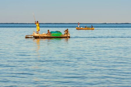 Tsifota, Madagascar, June 08, 2017: Fishing scene of Malagasy fishermen of the Vezo ethnic group in the Ambatomilo lagoon in southwestern Madagascarのeditorial素材