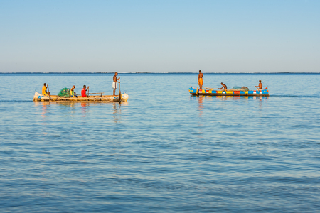 Tsifota, Madagascar, June 08, 2017: Fishing scene of Malagasy fishermen of the Vezo ethnic group in the Ambatomilo lagoon in southwestern Madagascarのeditorial素材