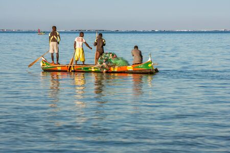Tsifota, Madagascar, June 08, 2017: Fishing scene of Malagasy fishermen of the Vezo ethnic group in the Ambatomilo lagoon in southwestern Madagascarのeditorial素材