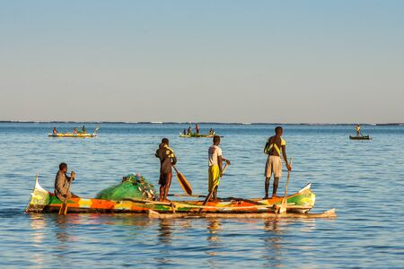 Tsifota, Madagascar, June 08, 2017: Fishing scene of Malagasy fishermen of the Vezo ethnic group in the Ambatomilo lagoon in southwestern Madagascarのeditorial素材