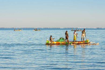 Tsifota, Madagascar, June 08, 2017: Fishing scene of Malagasy fishermen of the Vezo ethnic group in the Ambatomilo lagoon in southwestern Madagascarのeditorial素材
