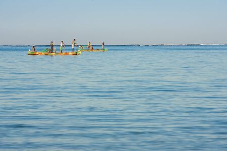Tsifota, Madagascar, June 08, 2017: Fishing scene of Malagasy fishermen of the Vezo ethnic group in the Ambatomilo lagoon in southwestern Madagascarのeditorial素材