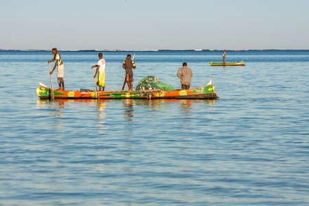 Tsifota, Madagascar, June 08, 2017: Fishing scene of Malagasy fishermen of the Vezo ethnic group in the Ambatomilo lagoon in southwestern Madagascarのeditorial素材