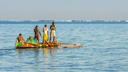 Tsifota, Madagascar, June 08, 2017: Fishing scene of Malagasy fishermen of the Vezo ethnic group in the Ambatomilo lagoon in southwestern Madagascarのeditorial素材