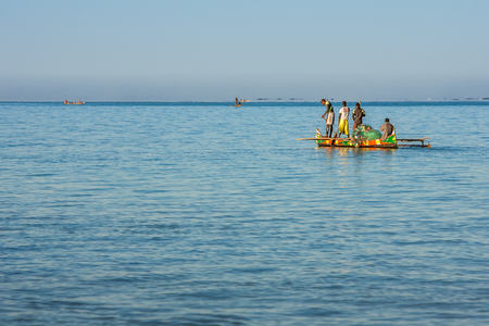 Tsifota, Madagascar, June 08, 2017: Fishing scene of Malagasy fishermen of the Vezo ethnic group in the Ambatomilo lagoon in southwestern Madagascarのeditorial素材