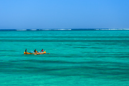 Tsifota, Madagascar, June 07, 2017: Malagasy fishermen fishing with their traditional outrigger canoe in the lagoon of southwestern Madagascarのeditorial素材