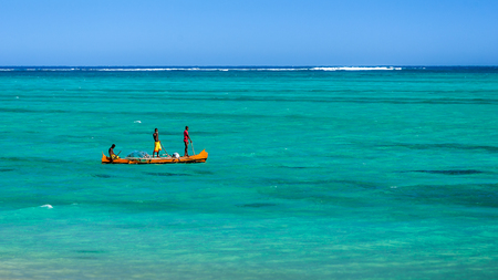 Tsifota, Madagascar, June 07, 2017: Malagasy fishermen fishing with their traditional outrigger canoe in the lagoon of southwestern Madagascarのeditorial素材